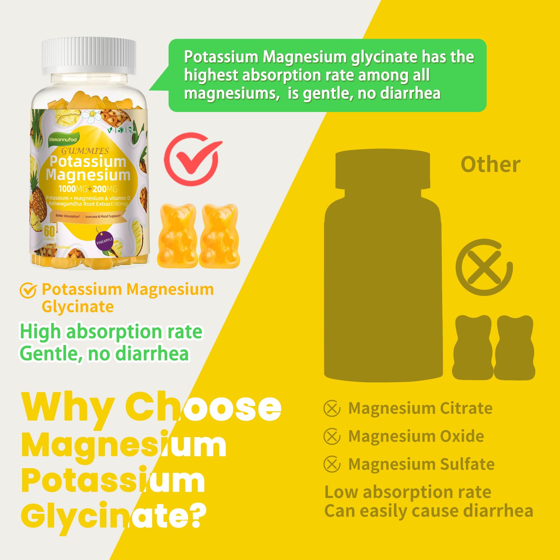 Potassium Magnesium Gummies,High Absorption Magnesium Glycinate,B6,D3,Potassium Citrate for Leg Cramps,Muscle,Electroyte for Adults Kids,Sugar-Free, 60 Gummies (Pineapple) Wekannufod buy australia supplements