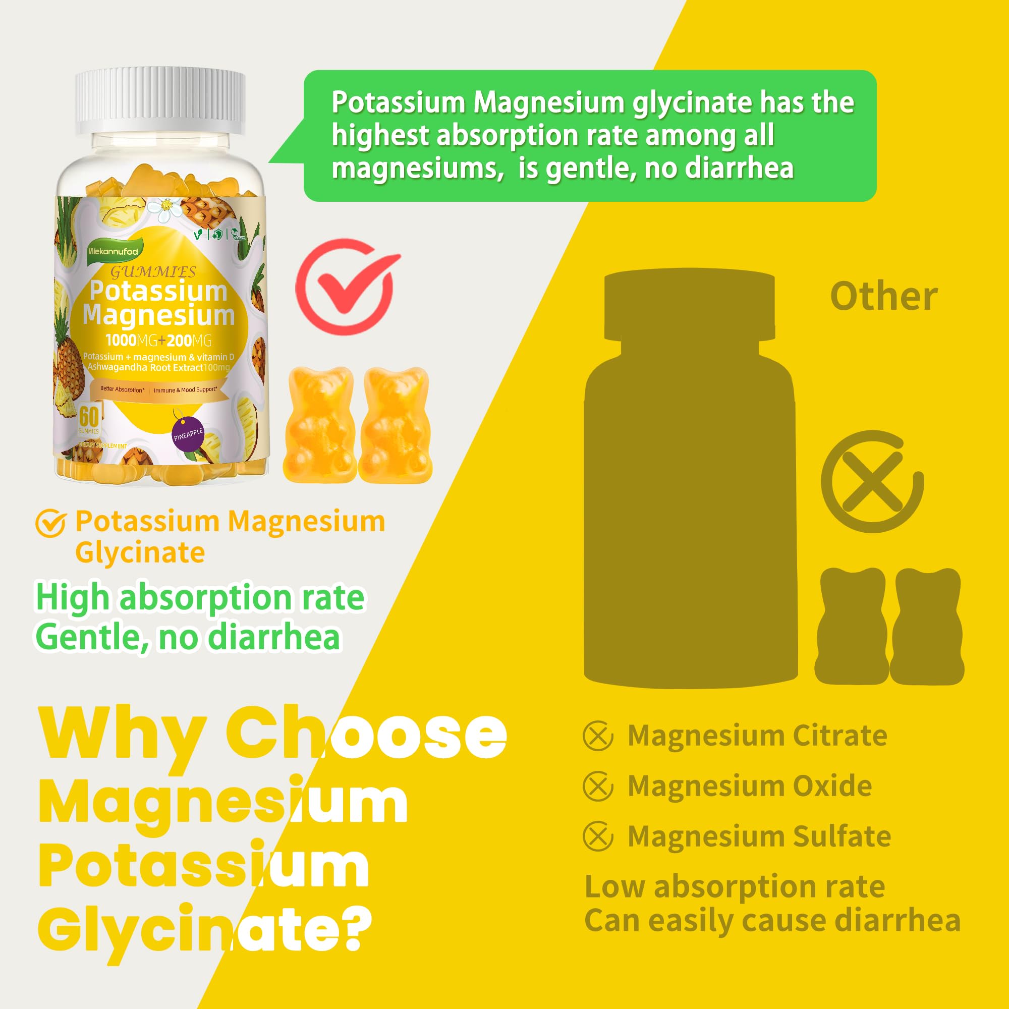 Potassium Magnesium Gummies,High Absorption Magnesium Glycinate,B6,D3,Potassium Citrate for Leg Cramps,Muscle,Electroyte for Adults Kids,Sugar-Free, 60 Gummies (Pineapple) Wekannufod buy australia supplements