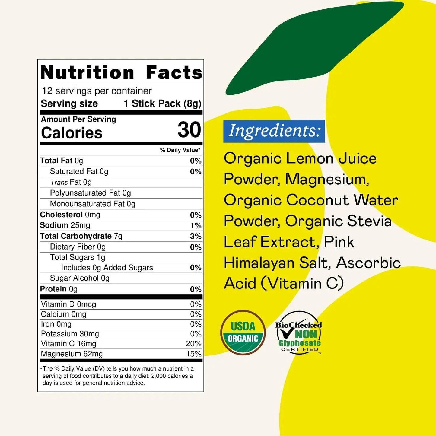 GOODONYA Organic Hydration Electrolyte Drink Mix, Certified Organic Hydration Powder, Non-GMO, Biochecked Glyphosate Free, Low Sugar, Lemonade Flavor, No Artificial Flavors,12 Stick Packs GOODONYA