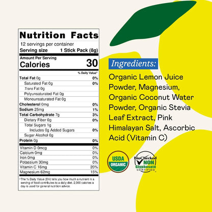 GOODONYA Organic Hydration Electrolyte Drink Mix, Certified Organic Hydration Powder, Non-GMO, Biochecked Glyphosate Free, Low Sugar, Lemonade Flavor, No Artificial Flavors,12 Stick Packs GOODONYA