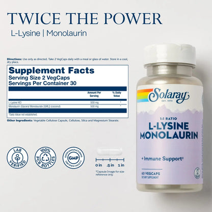 SOLARAY L-Lysine Monolaurin Immune Support Supplement, 1:1 Ratio for Immune System Function, 500 mg Each, 60-Day Money Back Guarantee SOLARAY