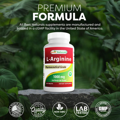 (New Improved Formula) Best Naturals L-Arginine 1000 mg 120 Tablets - Pharmaceutical Grade L Arginine Supplement Best Naturals