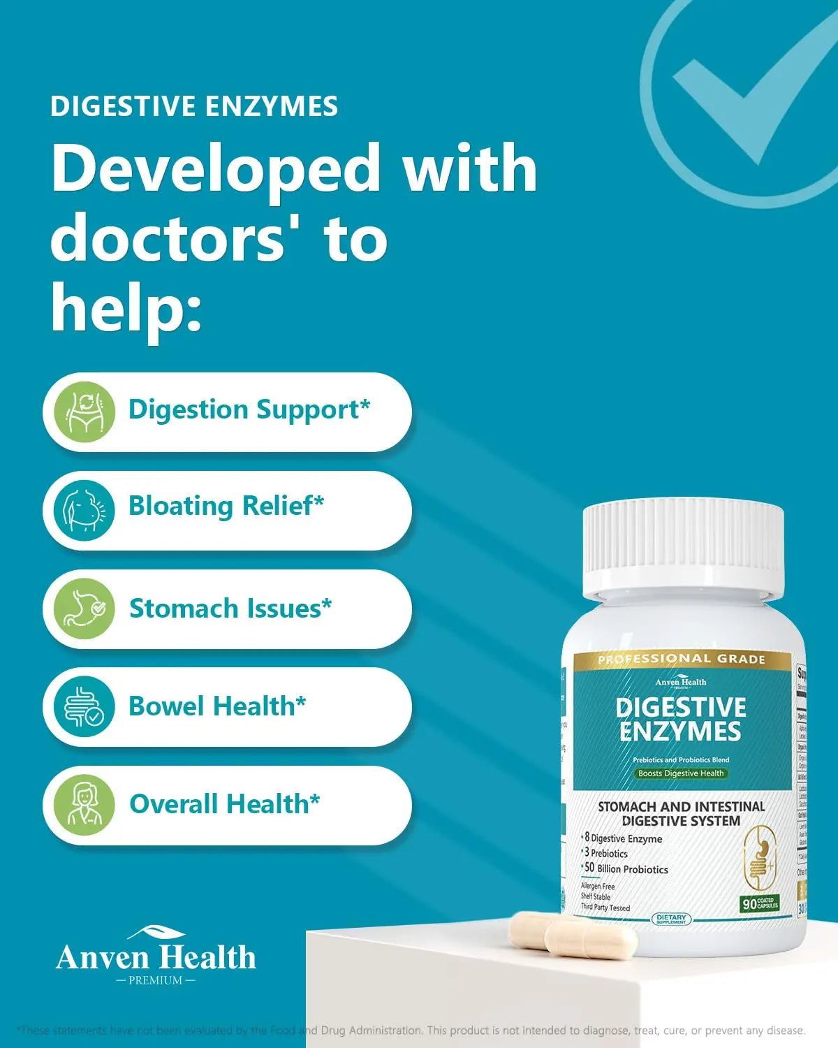 Anven Health 800mg Digestive Enzymes for Men and Women with Probiotics & Prebiotics, 8 Key Enzymes, Protease, Amylase & Lipase | 270 Capsules - A 90-Day Supply Anven Health
