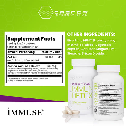 Orenda Immune + Detox - Specialized Formula with Calcium d-Glucarate, Beta 1,3 Glucans & IMMUSE® for Wellness and Balance - 120 Capsules Orenda International