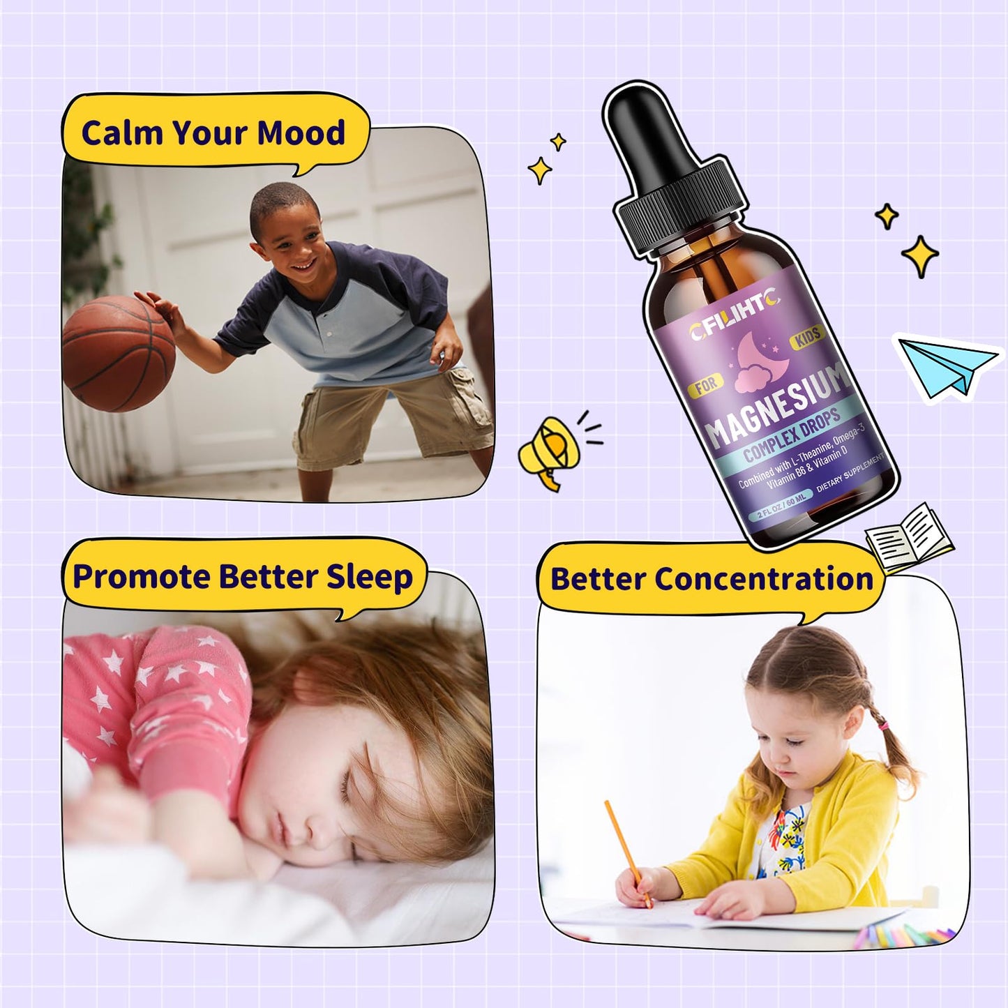 Kids Magnesium Liquid Drops-Magnesium Glycinate Liquid for Kids Supplement-w/L-theanine, Omega-3, Vitamin B6, D3 - for Sleep, Relaxation, Brain, Bones CFILIHTC