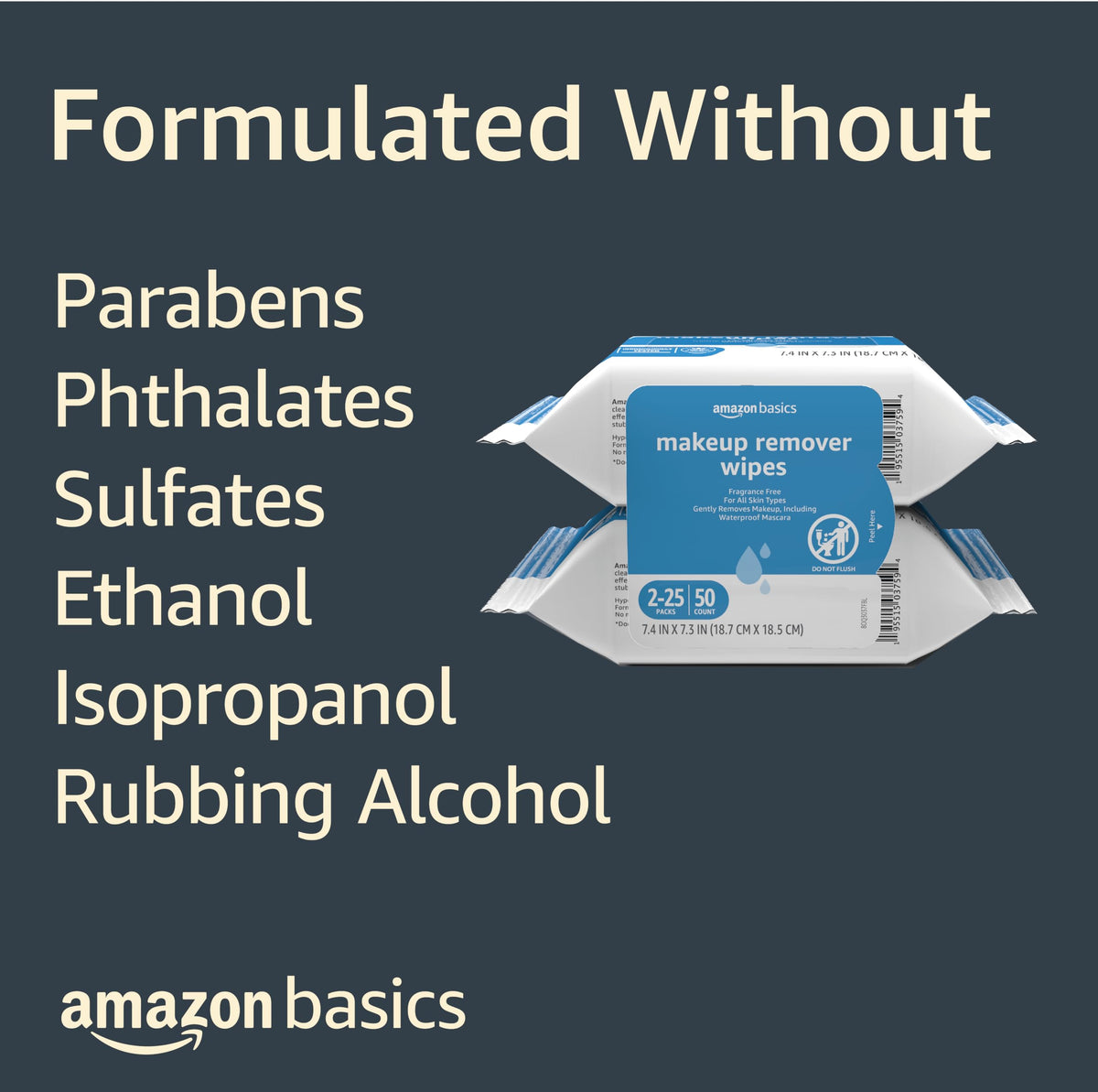 Amazon Basics Makeup Remover Wipes, Formulated without Fragrance and Alcohol-Free, Gentle Cleansing, Removes Waterproof Mascara, Dermatologist Tested, 25 Count, Pack of 2 Amazon Basics