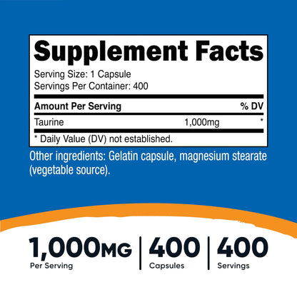 Nutricost Taurine 1000mg, 400 Capsules Nutricost