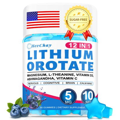 12-in-1 Lithium Orotate 5mg 10mg with Ashwagandha & L-Theanine, Lithium Orotate for Mood, Calm, Cognitive & Brain, High Bioavailability Trace Mineral, Lemon Balm HevChay