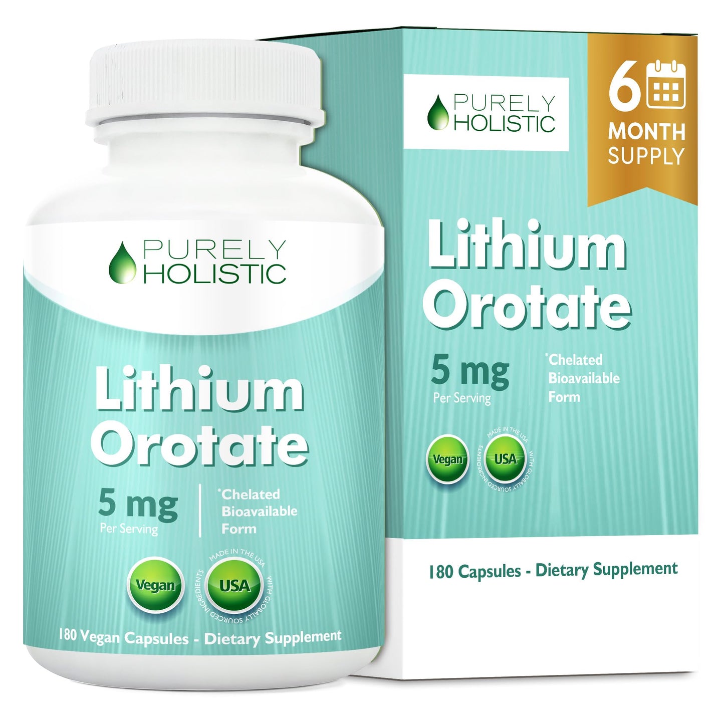 Lithium Orotate 5mg, 180 Vegetarian Lithium Capsules, Supplement Lithium Orotate 5mg, 180 Vegetarian Lithium Capsules, Helps Maintain Healthy Mood Purely Holistic