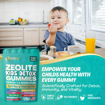 Parrox Zeolite Kids Gummies, 9-in-1 with Zeolite, Omega-3, Magnesium, Elderberry, Vitamin C, Milk Thistle, Vitamin D3, Zinc, B12 – Sugar-Free Parrox