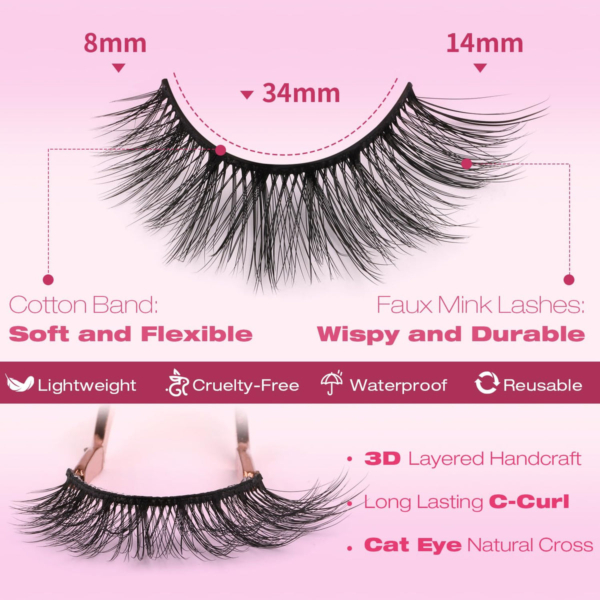 False Eyelashes 14mm Faux 3D Mink Lashes Natural Look Cat Eye Wispy Lashes Pack by Kiromiro, 14 Pairs Kiromiro