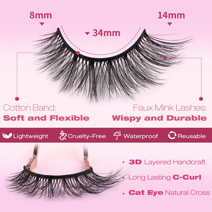 False Eyelashes 14mm Faux 3D Mink Lashes Natural Look Cat Eye Wispy Lashes Pack by Kiromiro, 14 Pairs Kiromiro