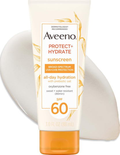 Aveeno Protect + Hydrate Sunscreen Lotion for Body & Face with Prebiotic Oat, SPF 60 Broad Spectrum Sunscreen, Paraben, & Oil Free, Water & Sweat Resistant (80-min) for Sensitive Skin, 3 Fl Oz Aveeno