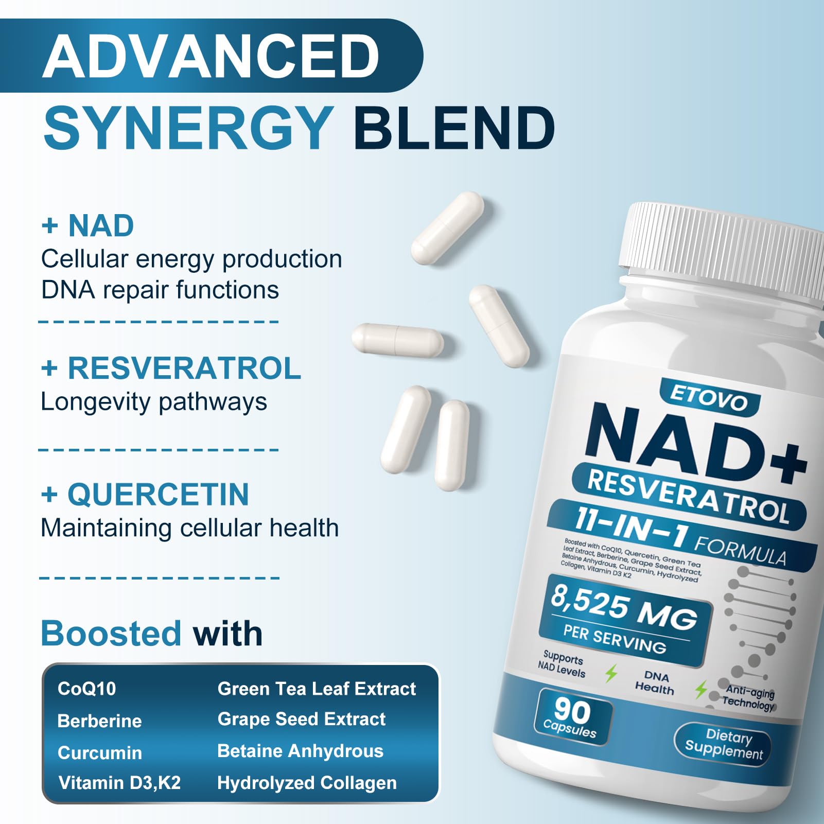 ETOVO NAD+ Supplement, 8525 mg Liposomal NAD Resveratrol Supplement for Women and Men with Coptisine Quercetin Curcumin Supports Cellular Health, Energy & Healthy Anti-Aging 180 Counts ETOVO buy australia supplements