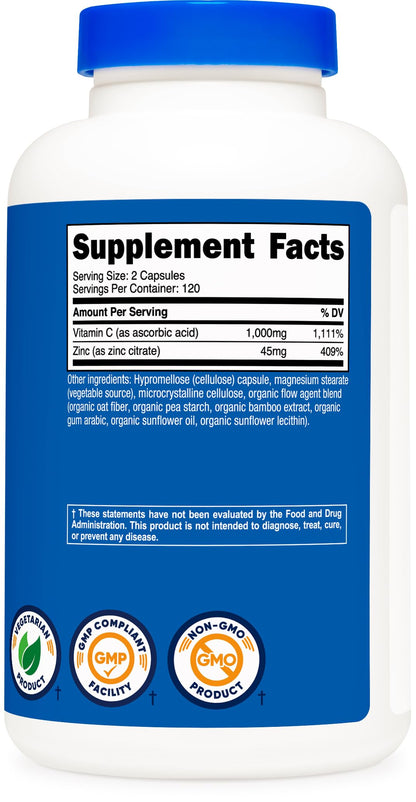 Nutricost Vitamin C with Zinc Capsules, 120 Servings - 1000mg, 45mg Zinc, Non-GMO, Gluten Free Vitamin C Supplement Nutricost