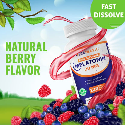 Vitamatic Melatonin 20mg for Sleep Support | Vegetarian, Non-GMO, Gluten Free | HIGH Potency 20 MG | Natural Berry Flavor 120 Vitamatic