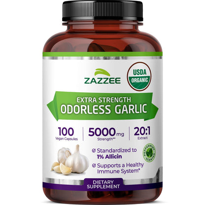 Zazzee USDA Organic Odorless Garlic 20:1 Extract, 1% Allicin, 100 Vegan Capsules, 3+ Month Supply, Allium Sativum, Immune, Circulation & Heart Health Support Zazzee