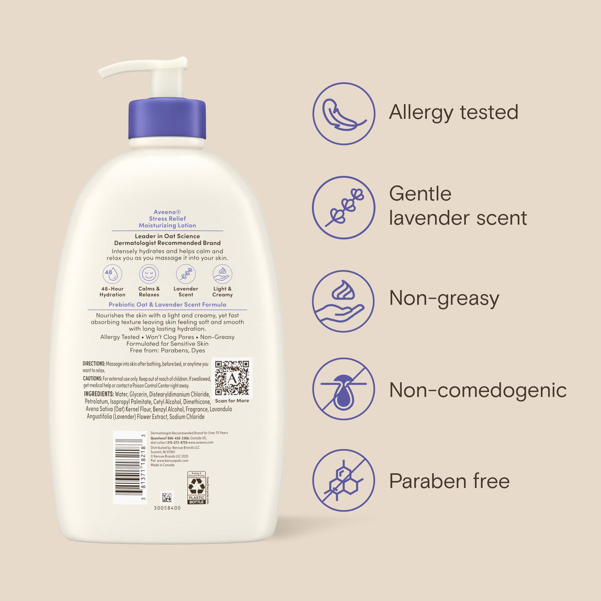 Aveeno Stress Relief Moisturizing Body Lotion, Lavender Scent with Prebiotic Oat for Sensitive Skin, Lightly Scented Lotion with 48-Hour Hydration, Fast Absorbing, Non-Greasy, Value Size 33 Fl Oz Aveeno