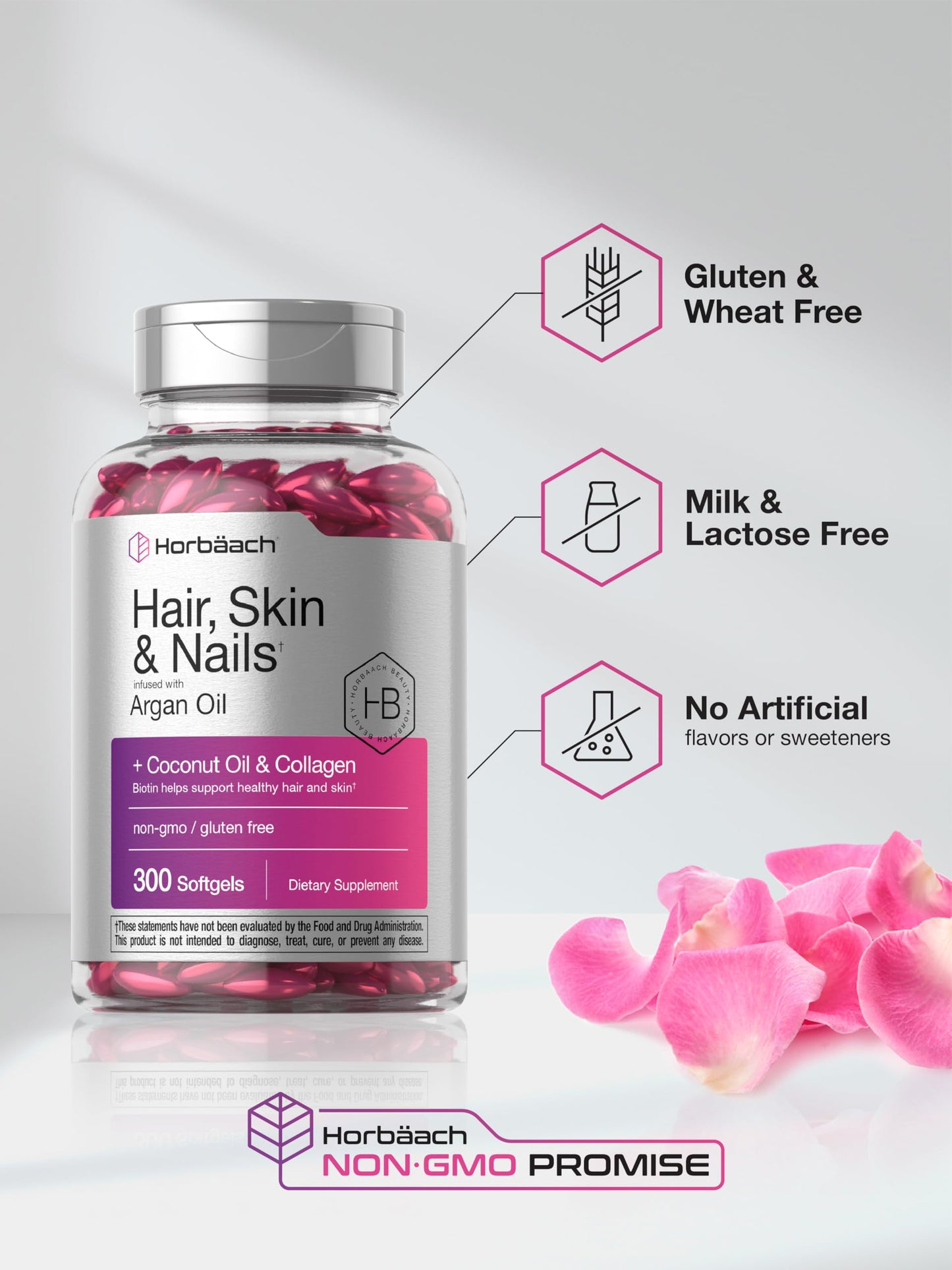 Horbäach Hair Skin and Nails Vitamins | 300 Softgels | with Biotin and Collagen | Infused with Argan Oil and Coconut Oil Horbäach