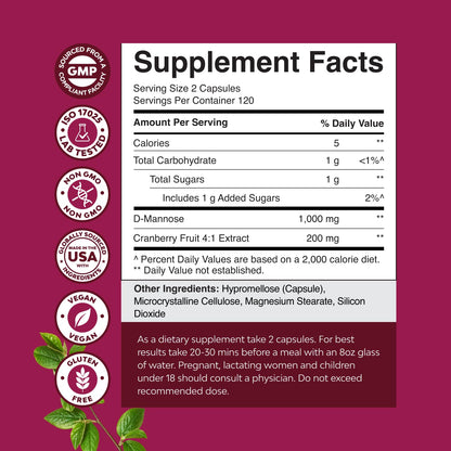 D Mannose with Cranberry Supplement - Potent D Mannose 1000mg Capsules for Kidney Defense Support & Cleanse and Urinary Tract Health for Women & Men - Bladder Health Supplement for Adults - 60 Count Gsupps Australia