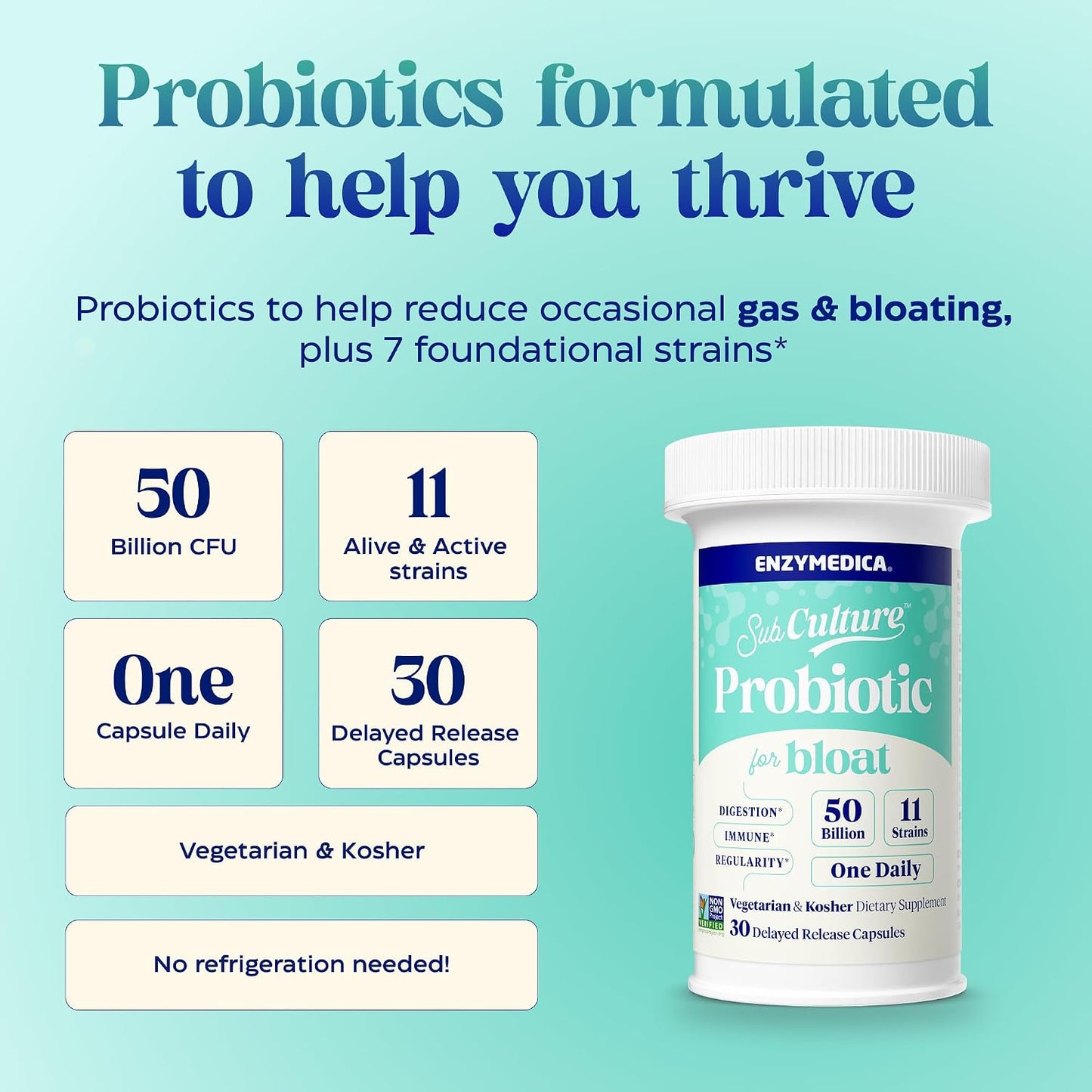 Enzymedica SubCulture Probiotic for Bloat & Digestive Health - Probiotic Supplement Capsules for Women & Men, 50 Billion CFU, Gut Health Support for Adults, Helps Occasional Gas & Bloating - 30 Caps Gsupps Australia