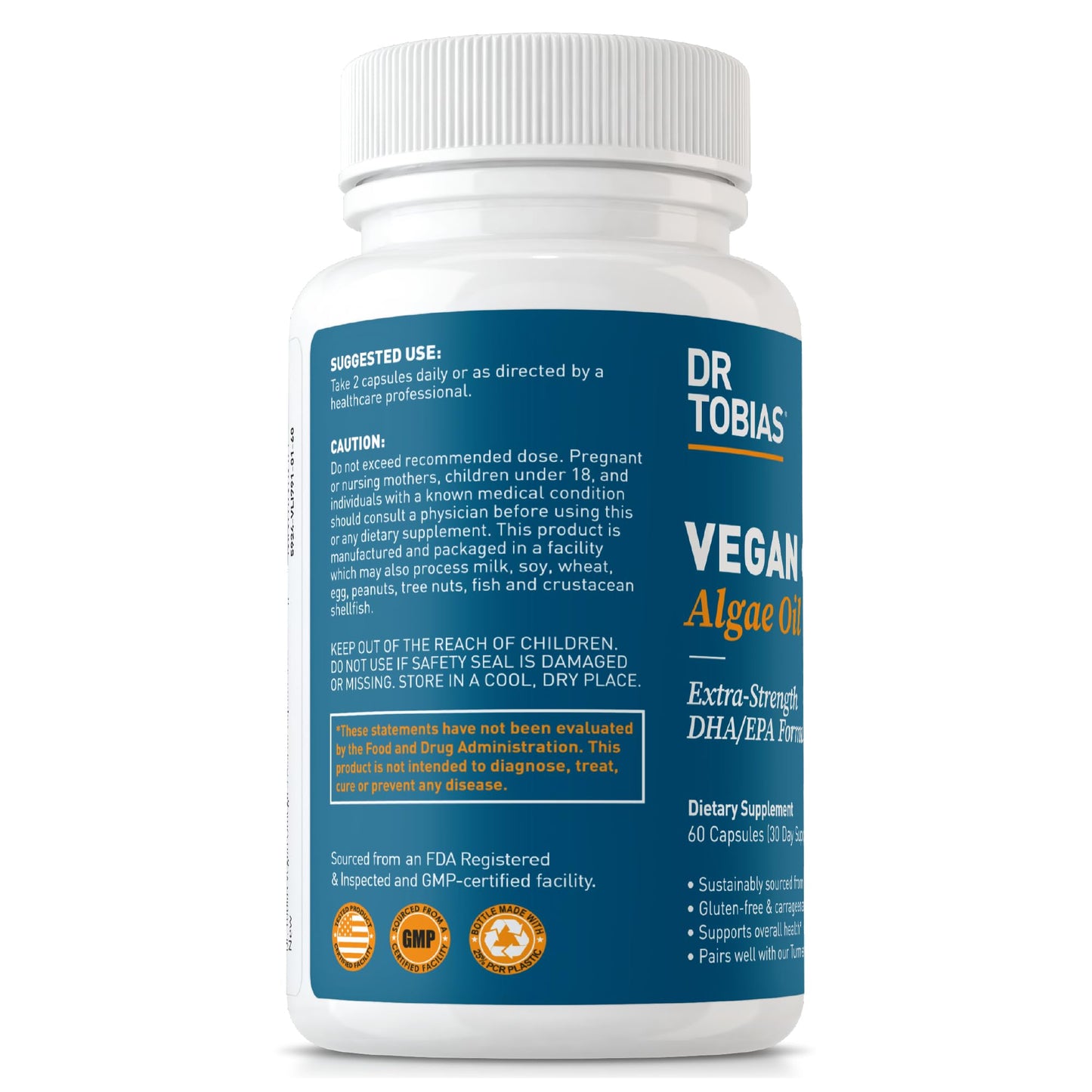 Dr. Tobias Vegan Omega 3 Supplement, 1400mg Algae Oil, 420mg DHA, and 210mg EPA per Serving, Non-GMO, Gluten-Free, Carrageenan-Free, 60 Capsules, 30 Servings