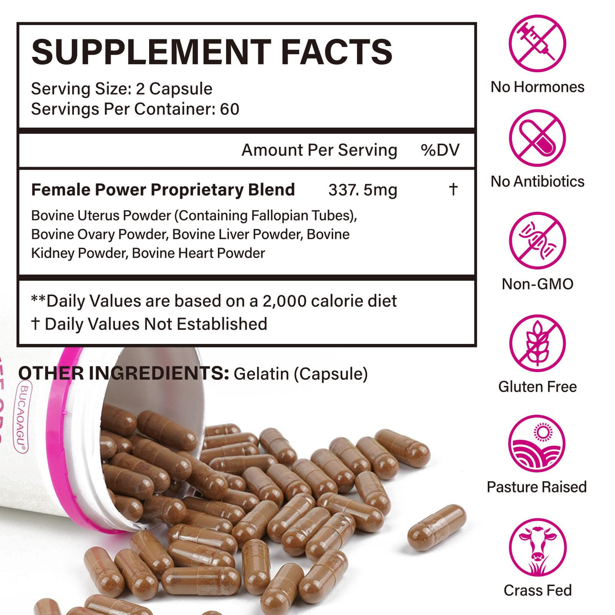 Beef Organ Supplement for Women - Grass-Fed Beef Liver, Kidney, Heart, Uterus, Ovary - Supports Female Energy & Hormone Balance - Pasture Raised in New Zealand BUCAOAGU