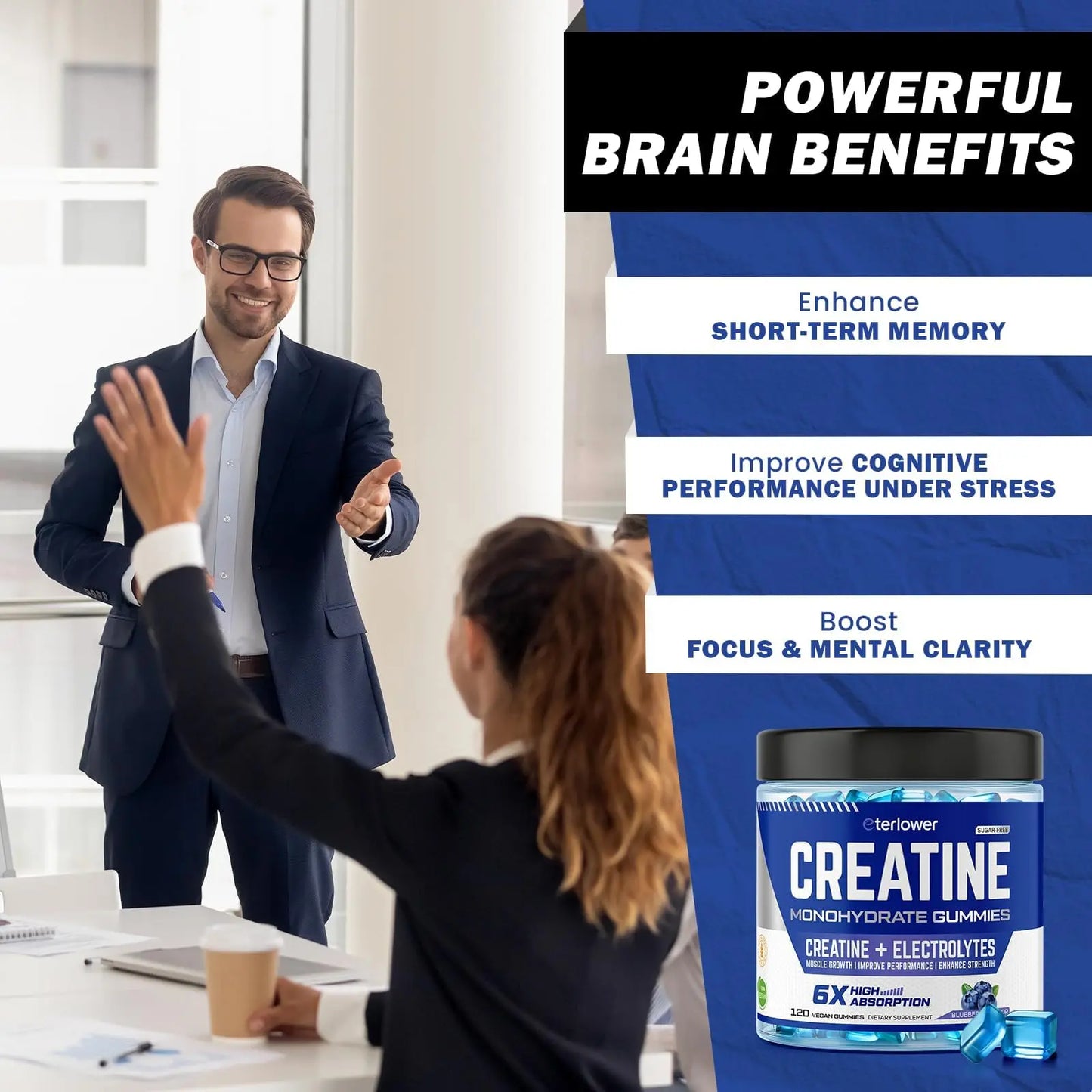 eterlower Creatine Monohydrate Gummies 5g – Pre-Workout Energy & Muscle Growth Support for Men & Women | Blueberry Electrolyte Gummies, 120 Count eterlower