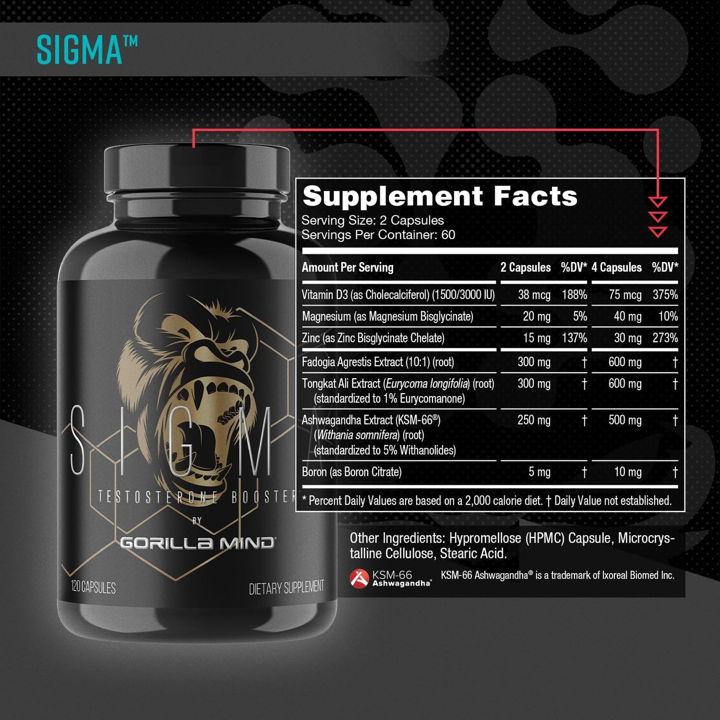 Gorilla Mind Sigma Testosterone Booster - Made with Tongkat Ali and Fadogia Agrestis Extract to Support Higher Testosterone Level (120 Capsules)