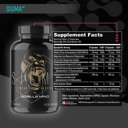 Gorilla Mind Sigma Testosterone Booster - Made with Tongkat Ali and Fadogia Agrestis Extract to Support Higher Testosterone Level (120 Capsules)