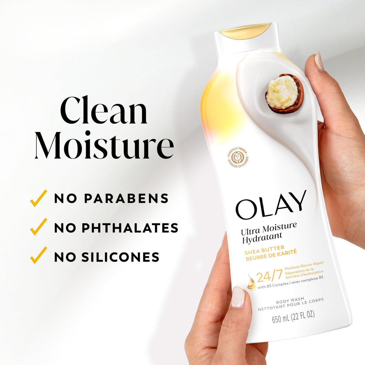 Olay Body Wash for Women, Ultra Moisture, 24hr Moisturizing, Hydrating & Refreshing, B3 Vitamin Complex, Free of Parabens & Phthalates, for All Skin Types, Shea Butter Scent, 22 fl oz (Pack of 4) Olay