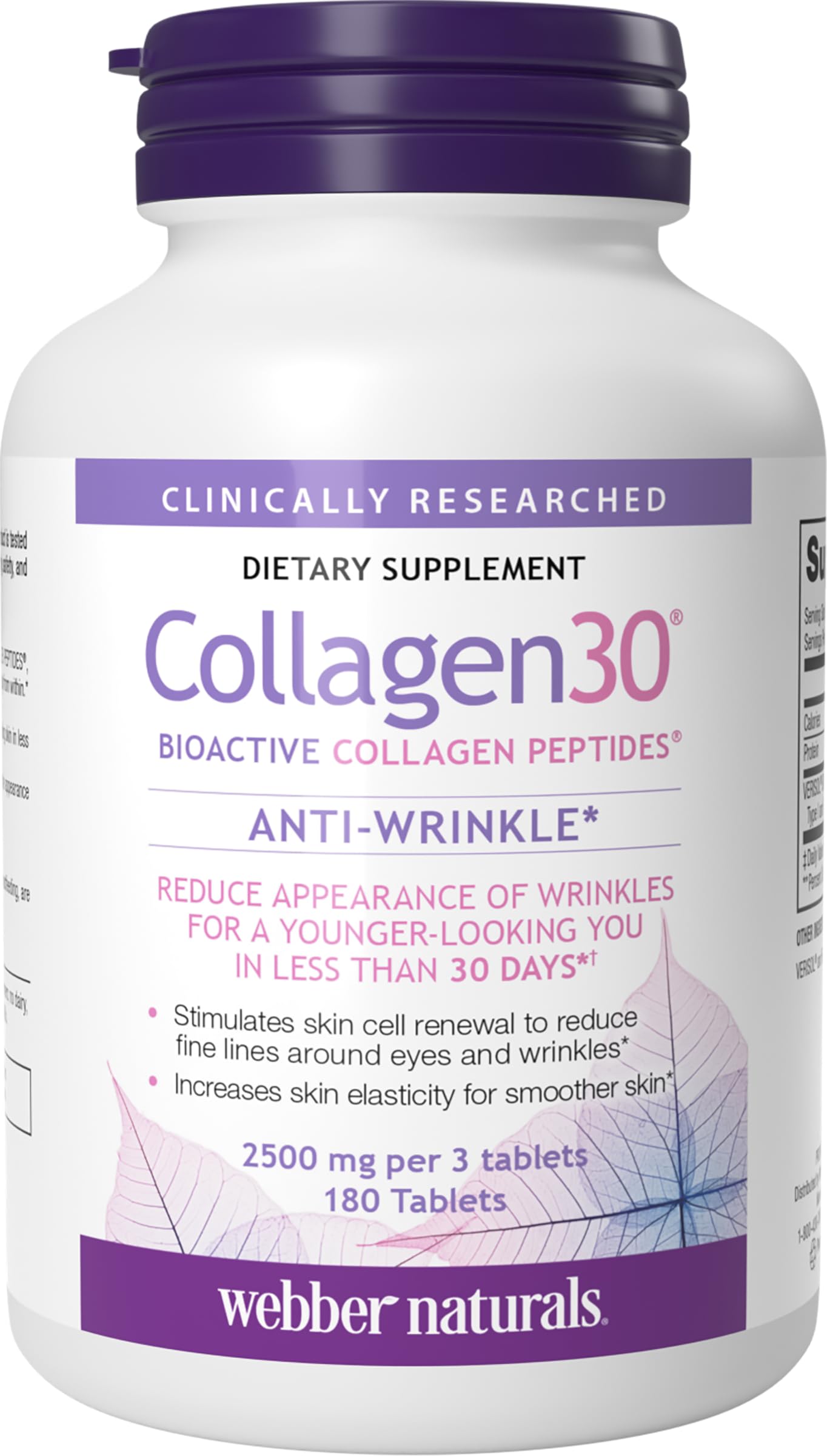 Webber Naturals Collagen 30 Anti-Wrinkle, 2,500mg of Bioactive Collagen Peptides Per Serving (3 Tablets), 180 Tablets, Helps Reduce Deep Wrinkles Webber Naturals