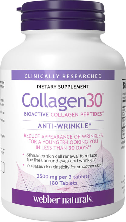 Webber Naturals Collagen 30 Anti-Wrinkle, 2,500mg of Bioactive Collagen Peptides Per Serving (3 Tablets), 180 Tablets, Helps Reduce Deep Wrinkles Webber Naturals