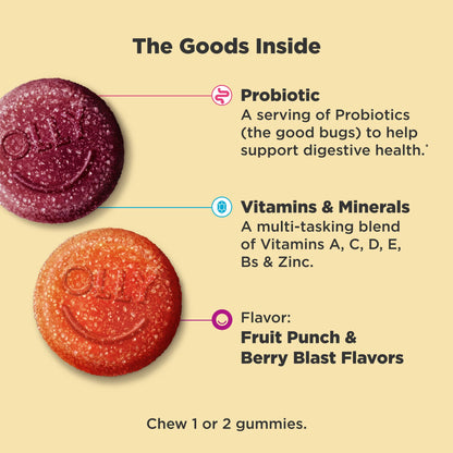 OLLY Kids Multivitamin & Probiotic Gummy, Digestive Support, Vitamins A, D, C, E, B, Zinc, Chewable Supplement, Berry Flavor, 50 day supply - 100 Count OLLY
