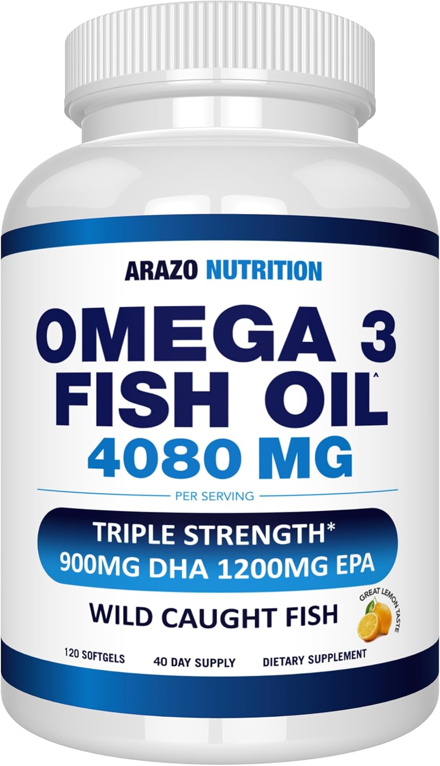 Arazo Nutrition Wild Caught Omega-3 Fish Oil Concentrate – 4,080mg per Serving – High EPA 1200mg & DHA 900mg – 120 Burpless Lemon Softgels Gsupps Australia