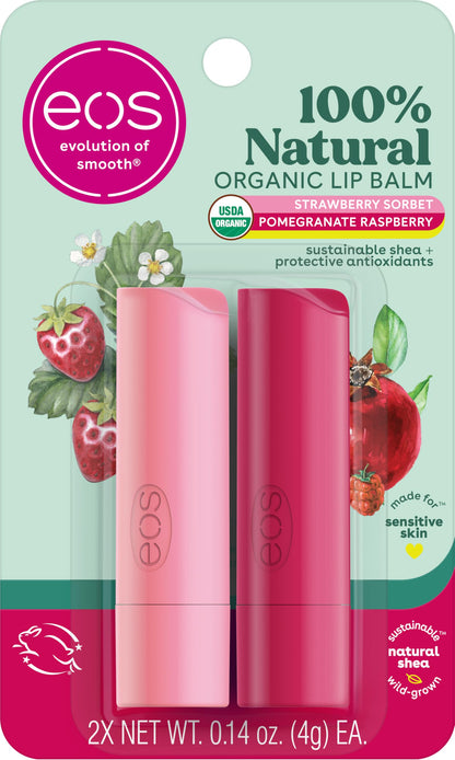 eos 100% Natural Lip Balm - Strawberry Sorbet and Pomegranate Raspberry, All-Day Moisture, Lip Care Products, 0.14 oz, 2-Pack eos