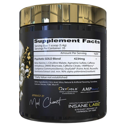 Insane Labz Psychotic Gold, High Stimulant Pre Workout Powder, Extreme Lasting Energy Focus, Pumps and Endurance with Beta Alanine, DMAE Bitartrate, NO Booster (35 Servings, Watermelon)