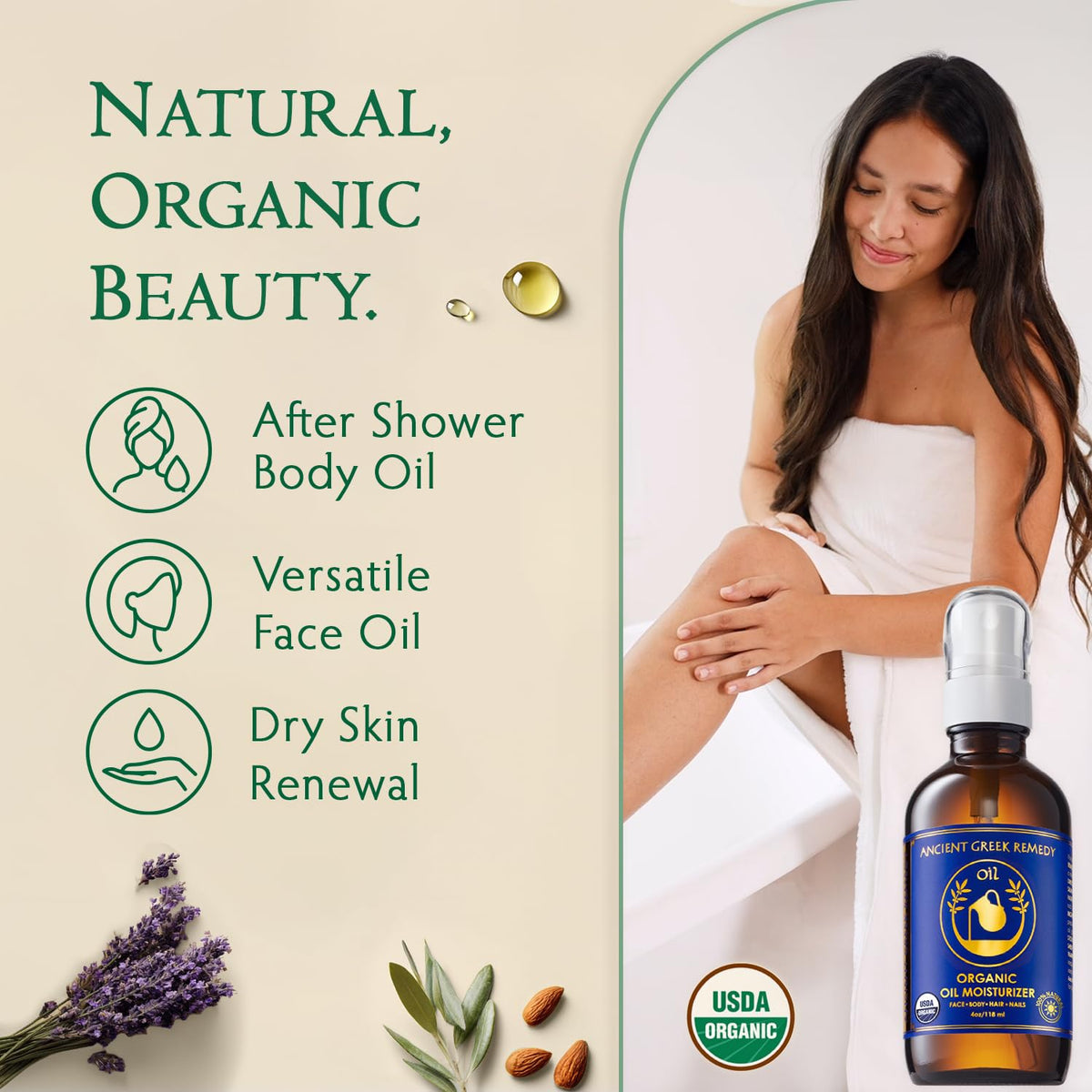 Organic Body Oil Dry Skin - After Shower Natural Face Oil & Body Moisturizer with Cold Pressed Almond, Olive, Jojoba, Rosehip, Vitamin E & Lavender oils. Facial Skin Care for Women & Men, Scented 4oz Ancient Greek Remedy