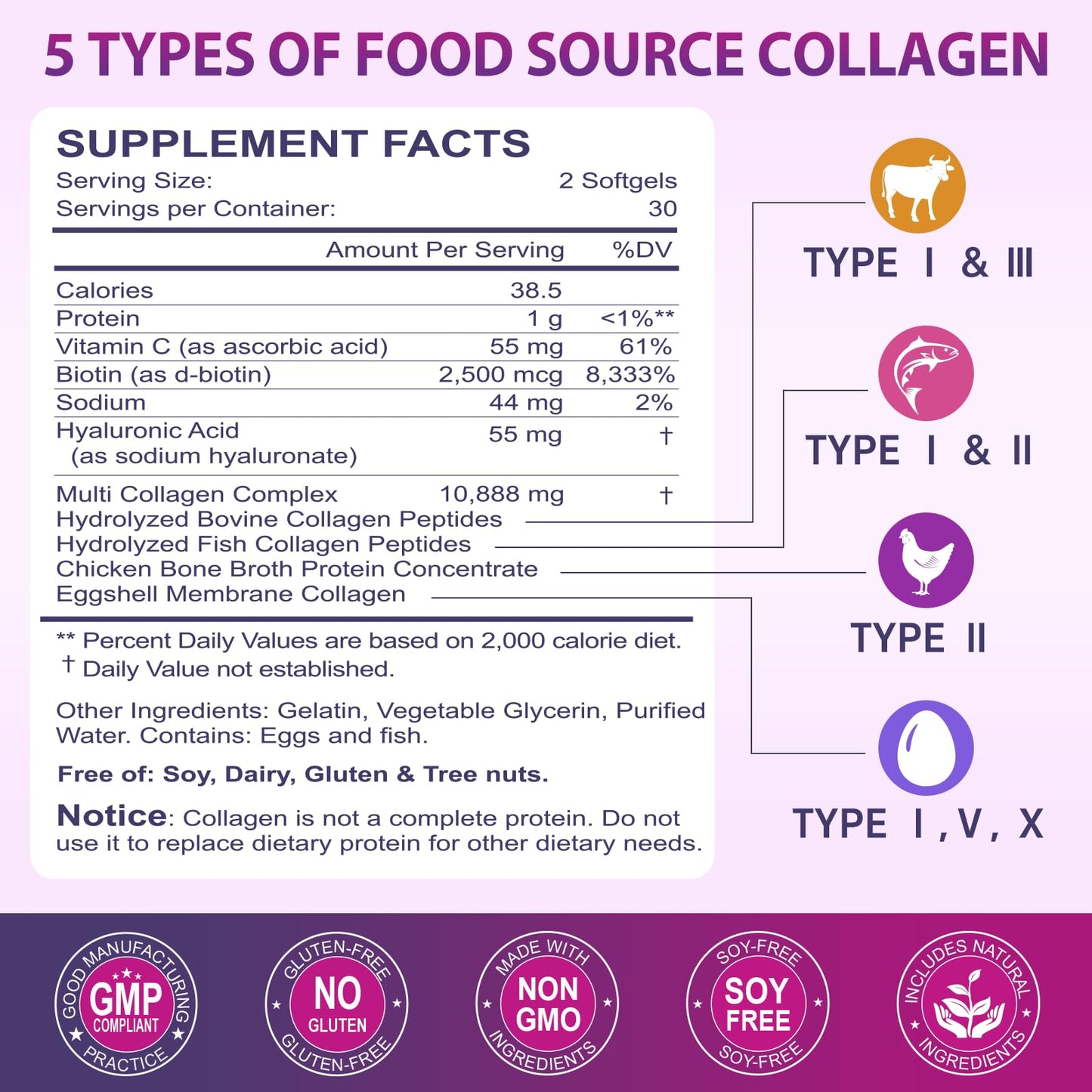 Multi Collagen Peptides Softgel - Type I, II, III, V, X - Hydrolyzed Collagen Peptides with Biotin, Vitamin C, Hyaluronic Acid, Supports Skin Hair Nail Nature's live