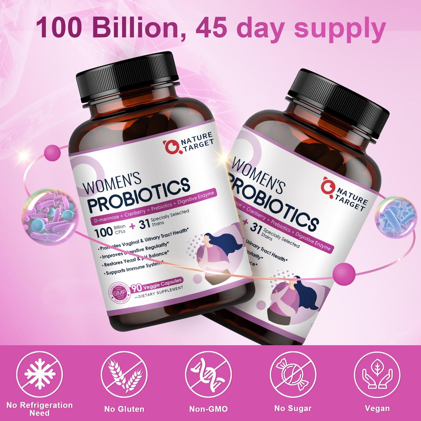 NATURE TARGET Probiotics for Women, 100 Billion CFUs Probiotic with Digestive Enzymes & Prebiotics, Vaginal Probiotics with Cranberry for Urinary Tract Health NATURE TARGET