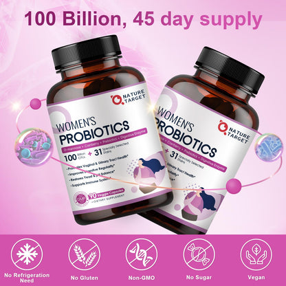 NATURE TARGET Probiotics for Women, 100 Billion CFUs Probiotic with Digestive Enzymes & Prebiotics, Vaginal Probiotics with Cranberry for Urinary Tract Health NATURE TARGET