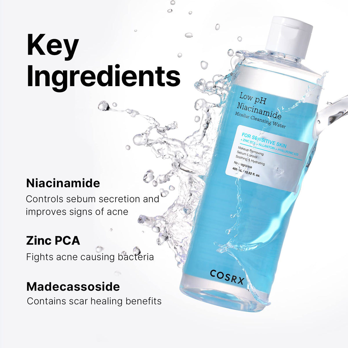 COSRX Low pH Niacinamide Cleansing Water for Sensitive Skin, 13.52 fl.oz COSRX