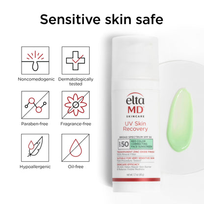 EltaMD UV Skin Recovery Green Tint 100% Mineral Sunscreen, SPF 50, Redness Correcting EltaMD