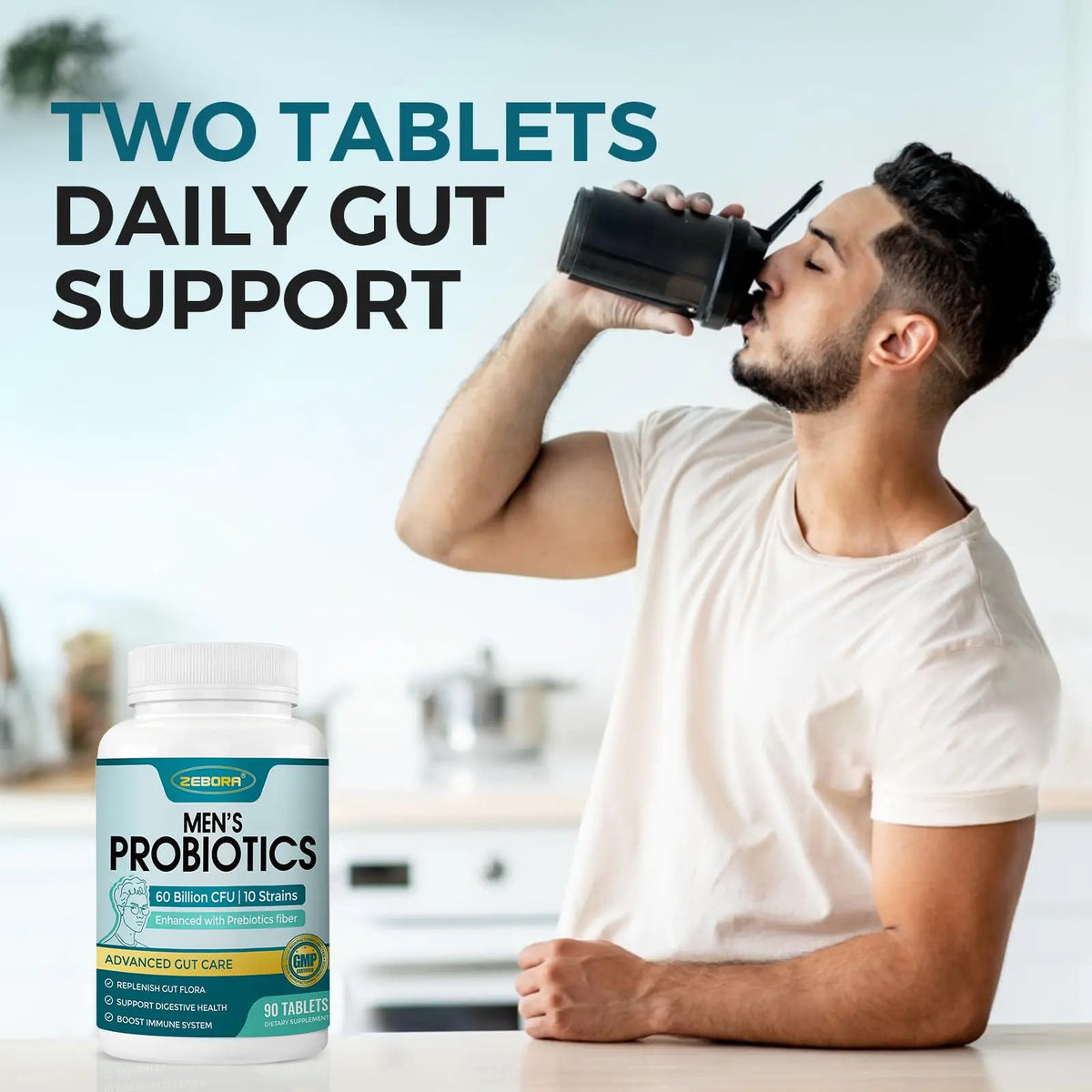 ZEBORA Probiotics for Men and Prebiotics for Digestive Health, 90 Tablets, 60 Billion CFUs for Immune and Gut Health, 10 Strains, Hypoallergenic Probiotics, ZEBORA