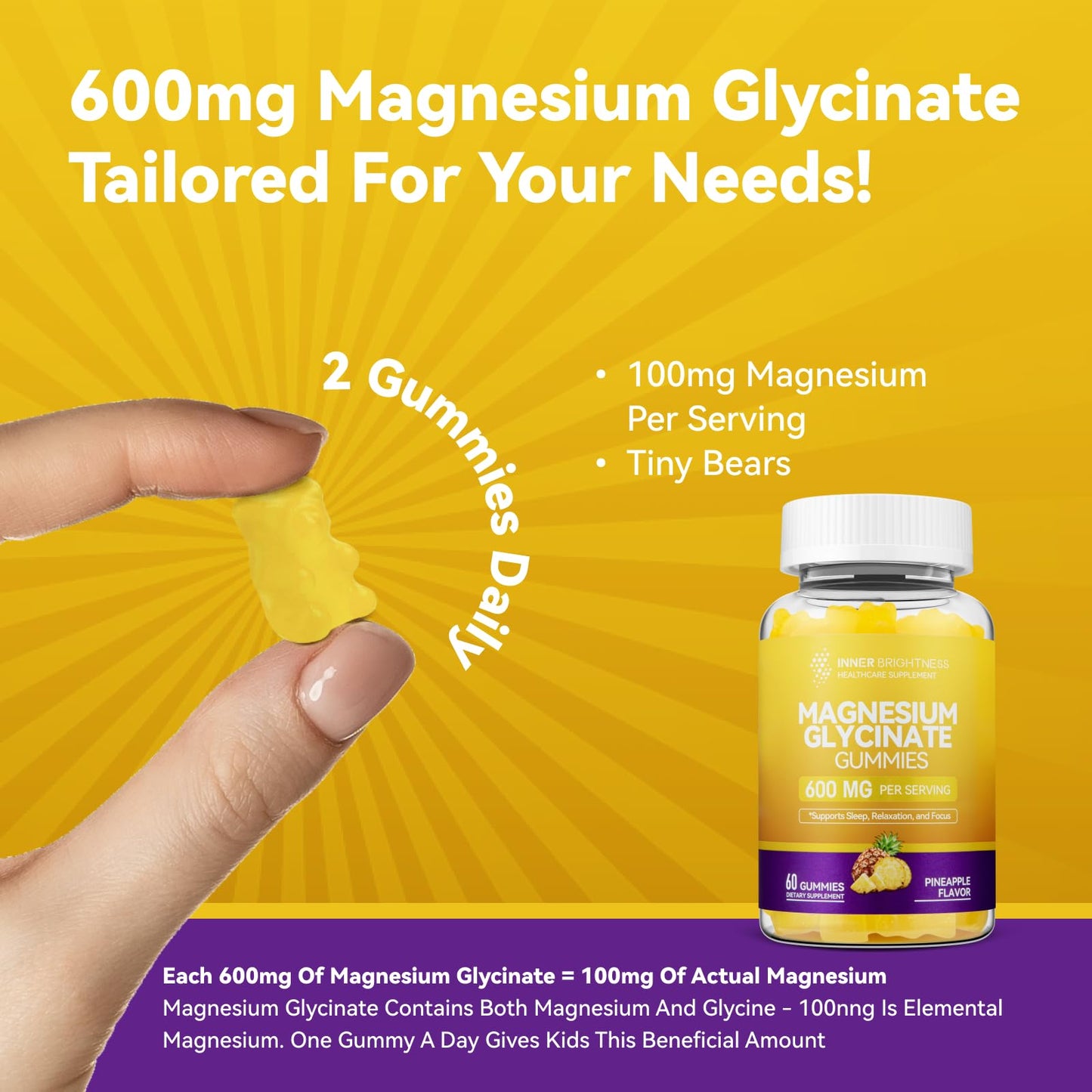 Magnesium Glycinate Gummies 600mg, Non-GMO, Gluten-Free, Magnesium Gummies for Adults & Kids, Sleep, Relaxation & Focus Inner Brightness