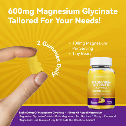Magnesium Glycinate Gummies 600mg, Non-GMO, Gluten-Free, Magnesium Gummies for Adults & Kids, Sleep, Relaxation & Focus Inner Brightness