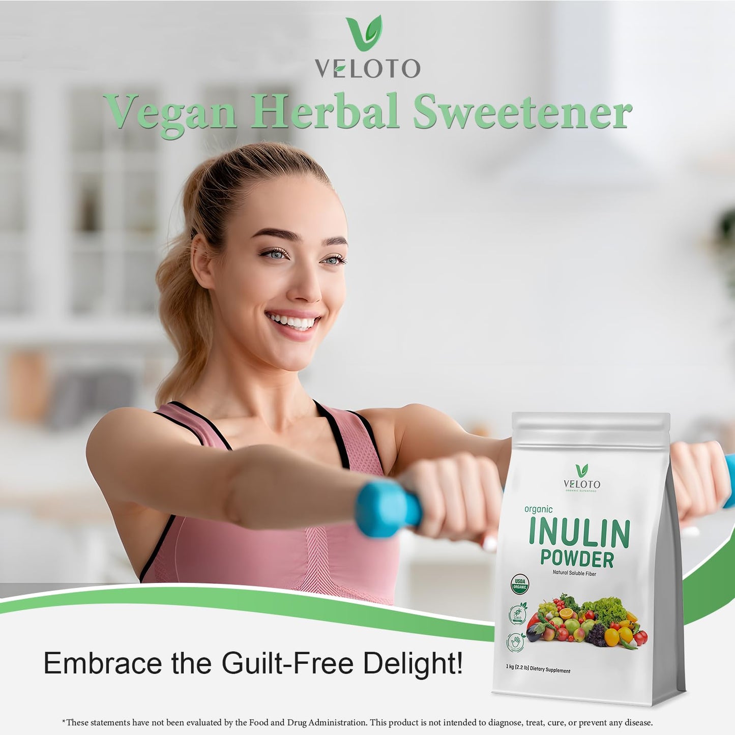 VELOTO Organic Inulin Powder – Prebiotic Fiber Supplement for Smoothies & Drinks, 2.2 lb, Flavorless, Water Soluble, Vegan & Non-GMO VELOTO