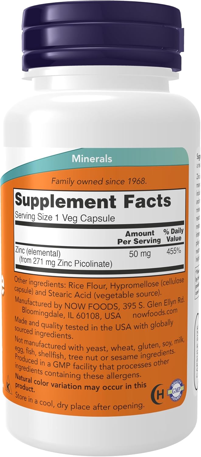 NOW Foods Supplements, Zinc Picolinate 50 mg, Supports Enzyme Functions*, Immune Support*, 120 Veg Capsules (Packaging may vary) Gsupps Australia