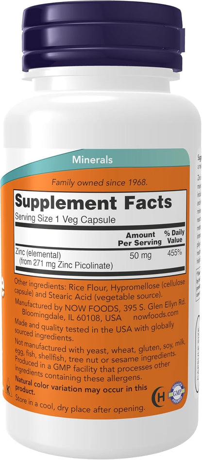 NOW Foods Supplements, Zinc Picolinate 50 mg, Supports Enzyme Functions*, Immune Support*, 120 Veg Capsules (Packaging may vary) Gsupps Australia