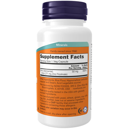 NOW Foods Supplements, Zinc Picolinate 50 mg, Supports Enzyme Functions*, Immune Support*, 120 Veg Capsules (Packaging may vary) NOW Foods